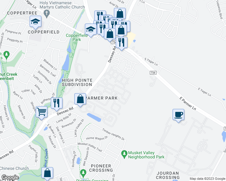 map of restaurants, bars, coffee shops, grocery stores, and more near 12101 Dessau Road in Austin