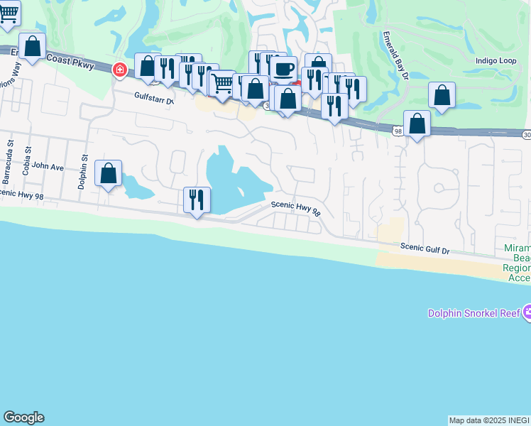 map of restaurants, bars, coffee shops, grocery stores, and more near 4836 Ocean Boulevard in Destin