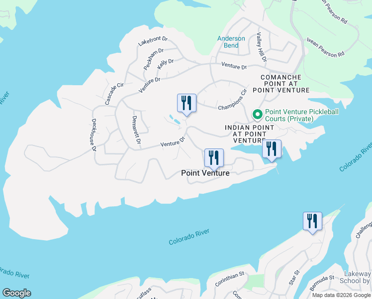 map of restaurants, bars, coffee shops, grocery stores, and more near 18508 Lakehead Circle in Lago Vista