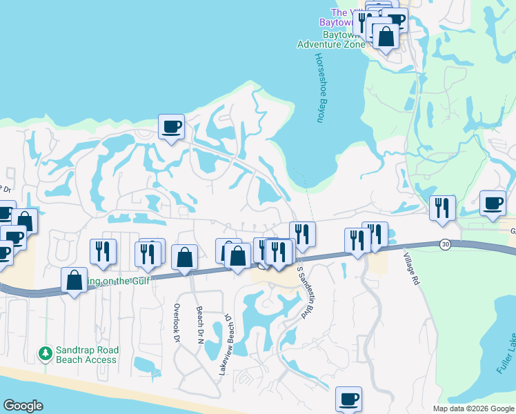map of restaurants, bars, coffee shops, grocery stores, and more near 629 Bayou Drive in Destin
