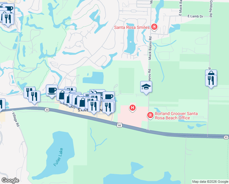 map of restaurants, bars, coffee shops, grocery stores, and more near 200 Sandestin Lane in Walton County
