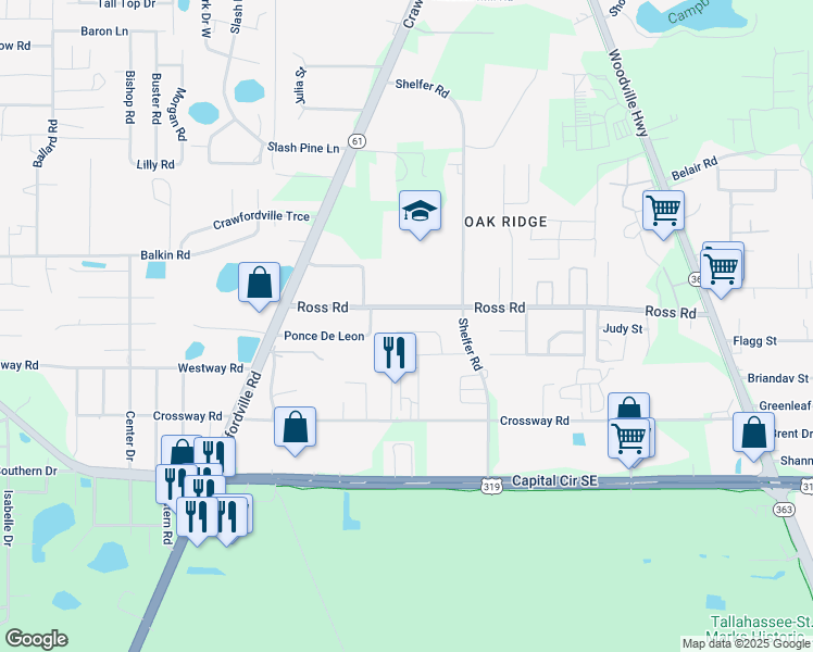 map of restaurants, bars, coffee shops, grocery stores, and more near 264 Briley Court in Tallahassee