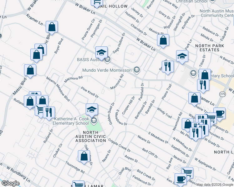 map of restaurants, bars, coffee shops, grocery stores, and more near 1405a Click Cove in Austin