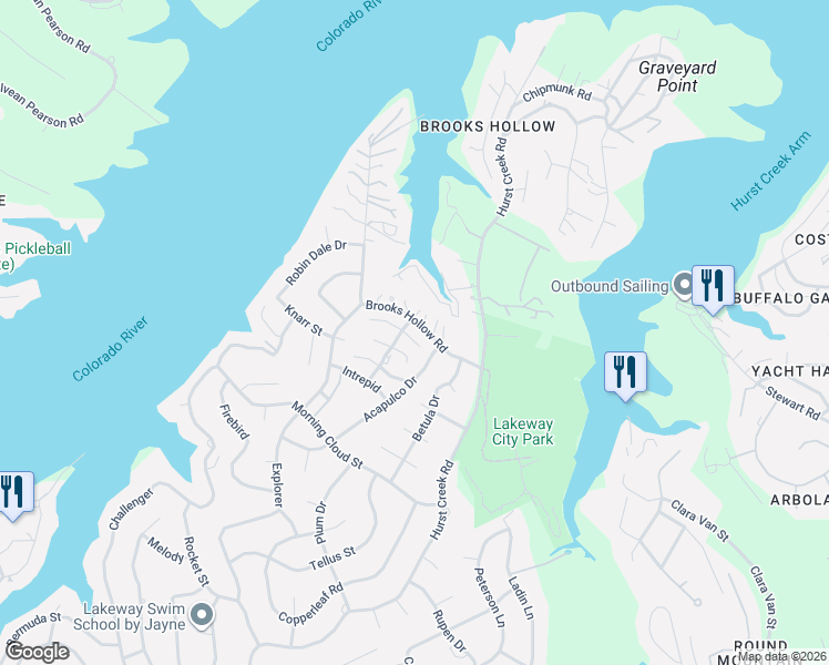 map of restaurants, bars, coffee shops, grocery stores, and more near 107 Oakglen Drive in Austin