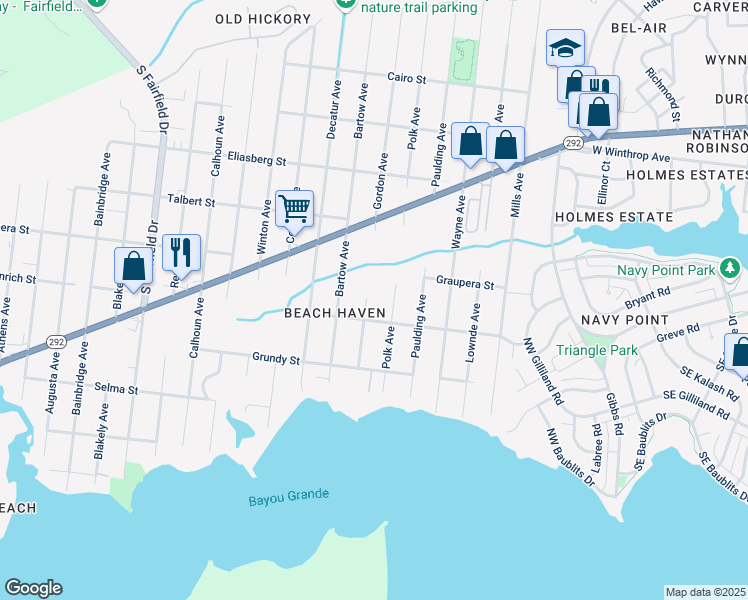 map of restaurants, bars, coffee shops, grocery stores, and more near 628 Gordon Avenue in Pensacola
