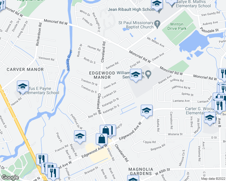 map of restaurants, bars, coffee shops, grocery stores, and more near 4149 Lockhart Drive in Jacksonville