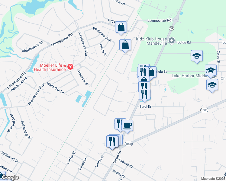 map of restaurants, bars, coffee shops, grocery stores, and more near 304 Winchester Circle in Mandeville