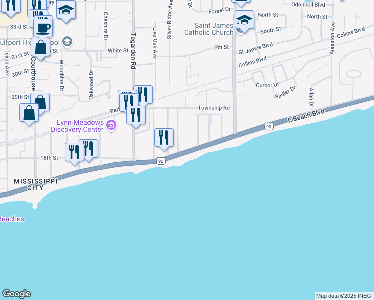 map of restaurants, bars, coffee shops, grocery stores, and more near 863 Beach Drive in Gulfport