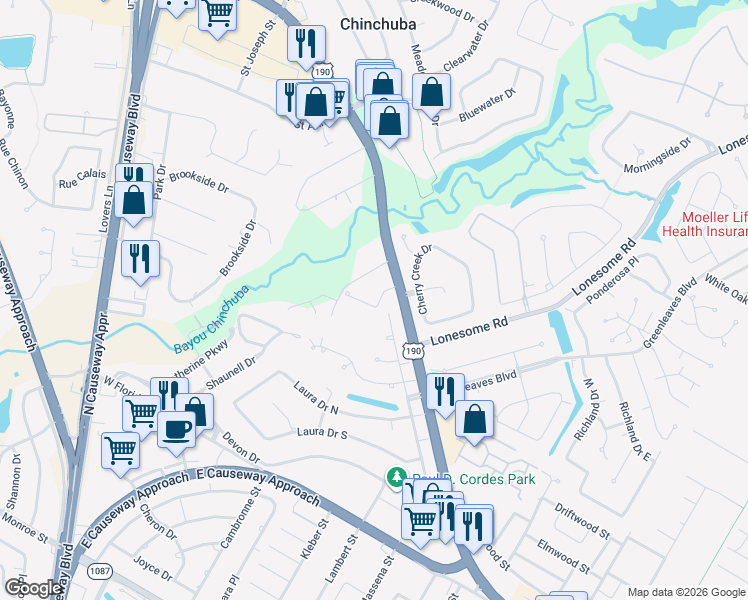 map of restaurants, bars, coffee shops, grocery stores, and more near 133 Wisteria Ln in Mandeville