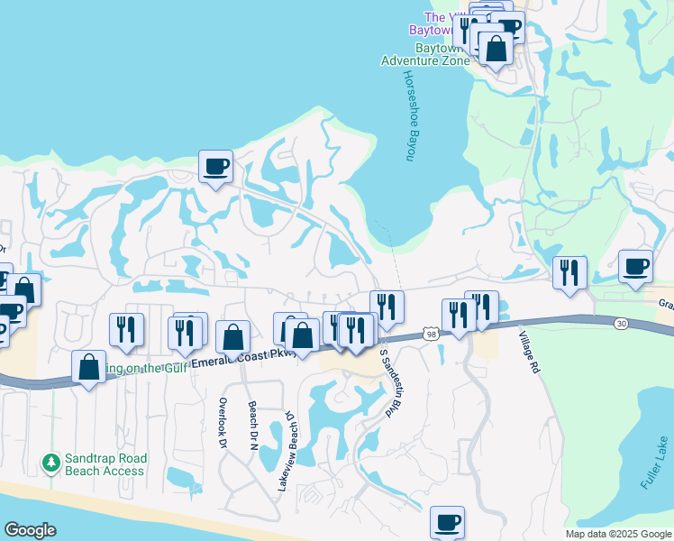 map of restaurants, bars, coffee shops, grocery stores, and more near 629 Bayou Drive in Destin