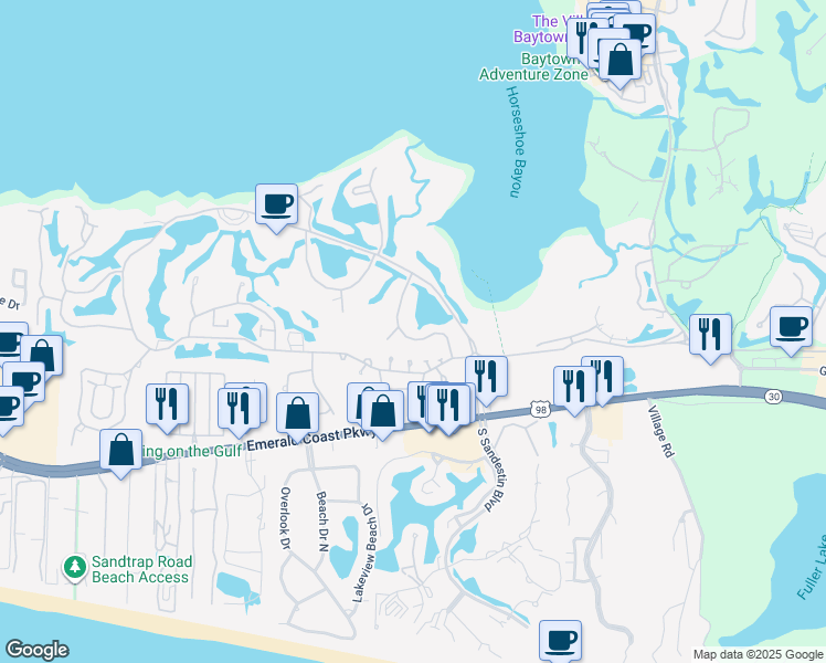 map of restaurants, bars, coffee shops, grocery stores, and more near 636 Bayou Drive in Miramar Beach