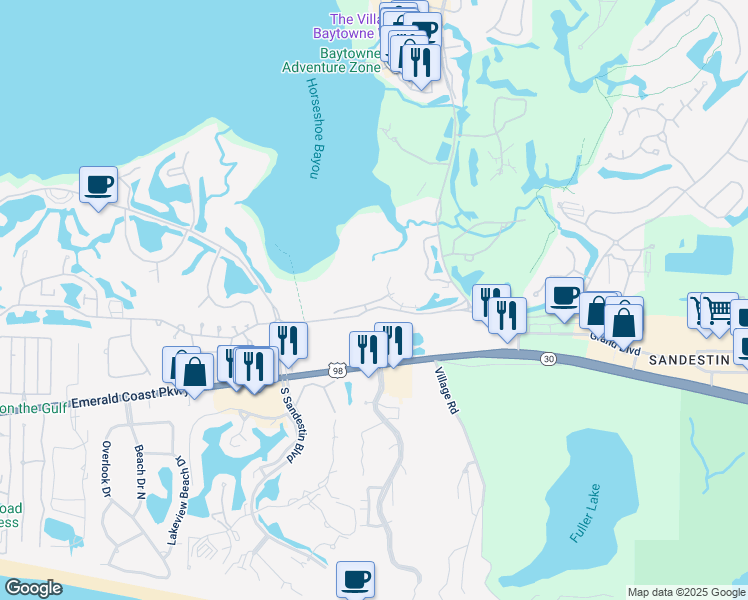 map of restaurants, bars, coffee shops, grocery stores, and more near 8971 Heron Walk Drive in Miramar Beach