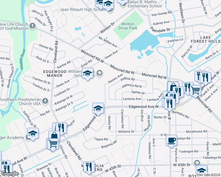map of restaurants, bars, coffee shops, grocery stores, and more near 6144 Ardisia Road West in Jacksonville