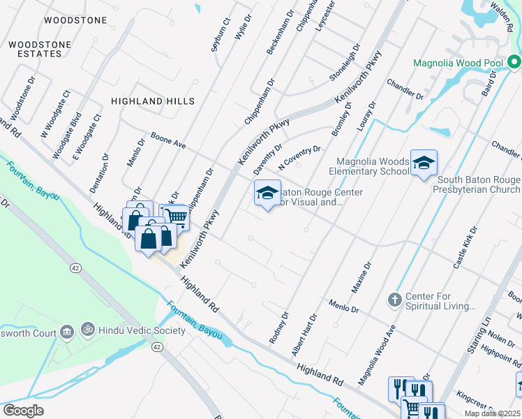 map of restaurants, bars, coffee shops, grocery stores, and more near 7600 Boone Drive in Baton Rouge