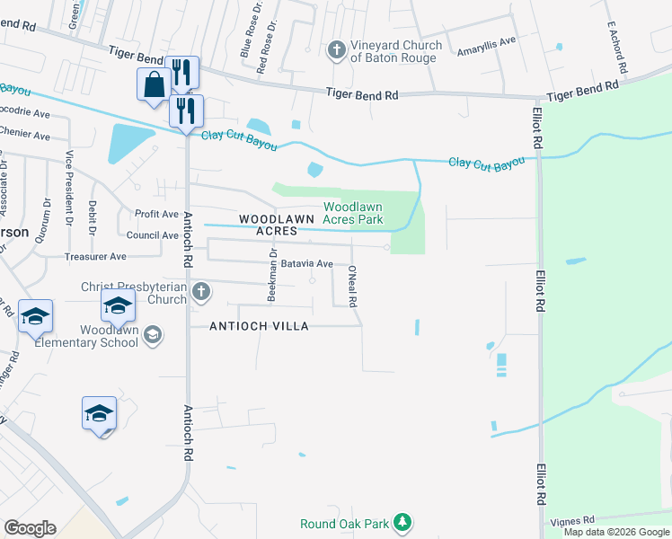 map of restaurants, bars, coffee shops, grocery stores, and more near 7705 Blake Drive in Baton Rouge