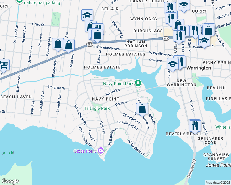 map of restaurants, bars, coffee shops, grocery stores, and more near 225 Bryant Road in Pensacola