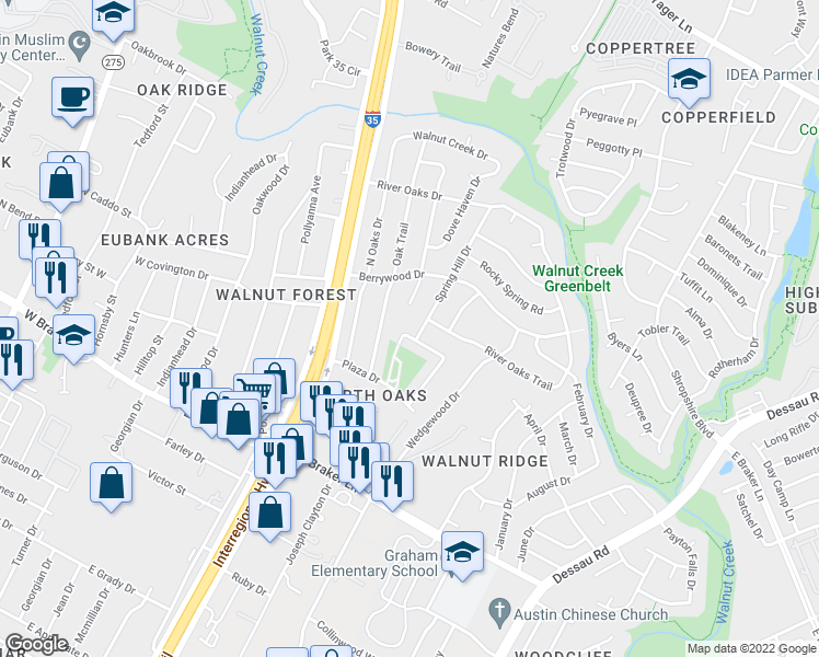 map of restaurants, bars, coffee shops, grocery stores, and more near 802 Riddlewood Drive in Austin