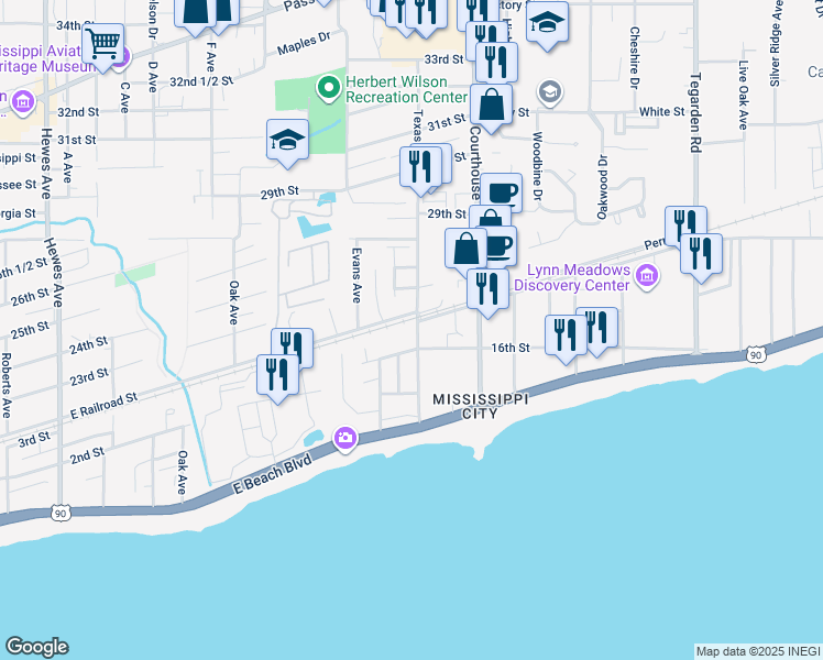 map of restaurants, bars, coffee shops, grocery stores, and more near 321 Texas Avenue in Gulfport