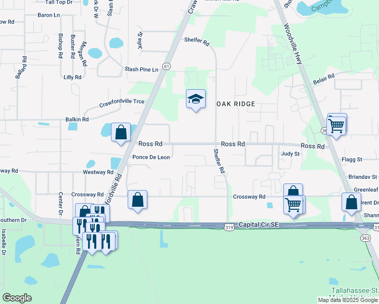 map of restaurants, bars, coffee shops, grocery stores, and more near 264 Briley Court in Tallahassee