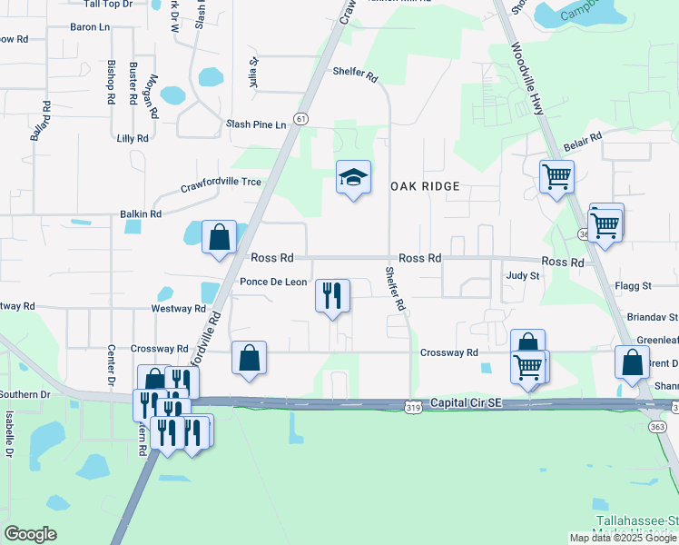 map of restaurants, bars, coffee shops, grocery stores, and more near 264 Briley Court in Tallahassee