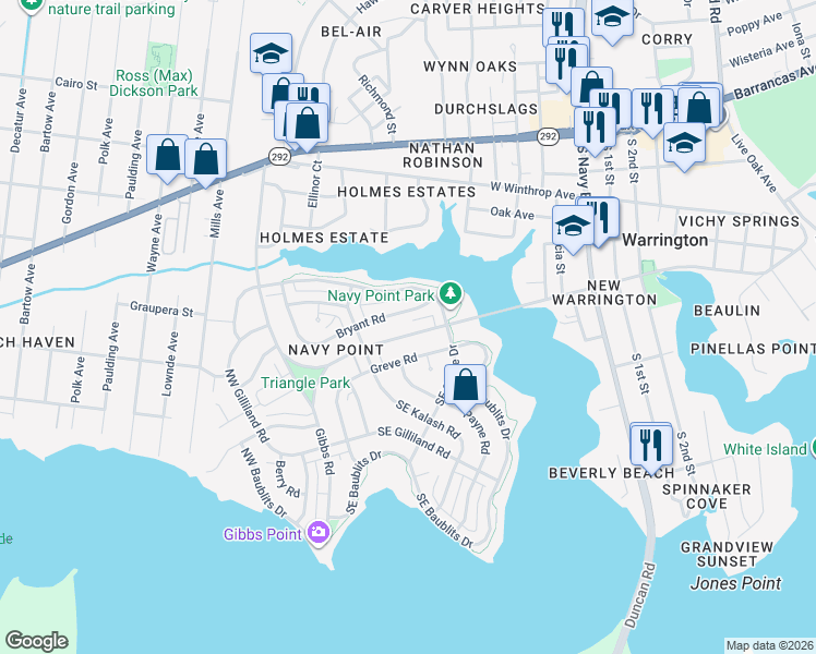 map of restaurants, bars, coffee shops, grocery stores, and more near 212 West Sunset Avenue in Pensacola