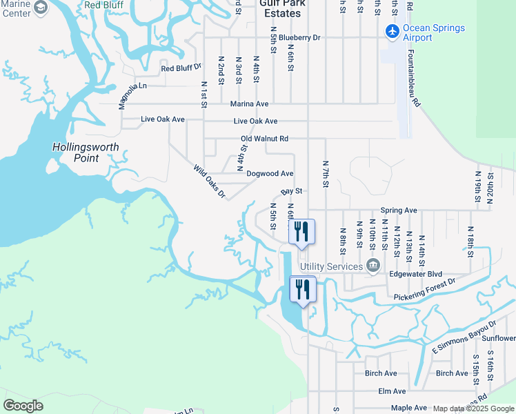 map of restaurants, bars, coffee shops, grocery stores, and more near 9206-9298 West Edgewater Boulevard in Ocean Springs