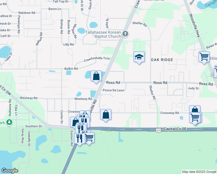 map of restaurants, bars, coffee shops, grocery stores, and more near 104 Ponce De Leon in Tallahassee