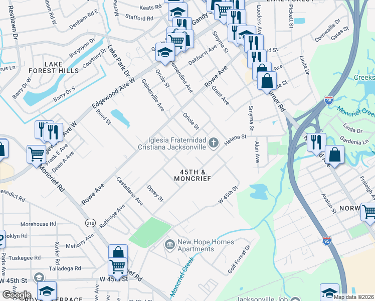 map of restaurants, bars, coffee shops, grocery stores, and more near 1797 Rutledge Oaks Lane in Jacksonville