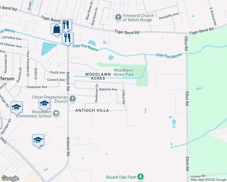 map of restaurants, bars, coffee shops, grocery stores, and more near 7705 Blake Drive in Baton Rouge