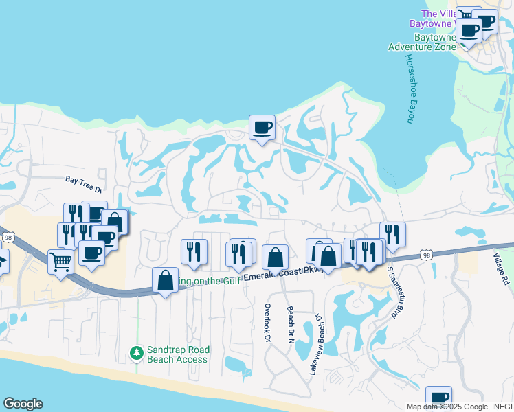 map of restaurants, bars, coffee shops, grocery stores, and more near 494 Linkside Place East in Miramar Beach