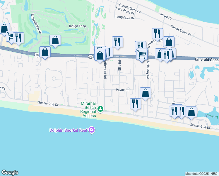 map of restaurants, bars, coffee shops, grocery stores, and more near 241 Ellis Road in Miramar Beach