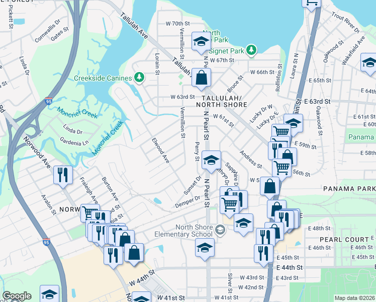 map of restaurants, bars, coffee shops, grocery stores, and more near 6621 Vermillion Street in Jacksonville