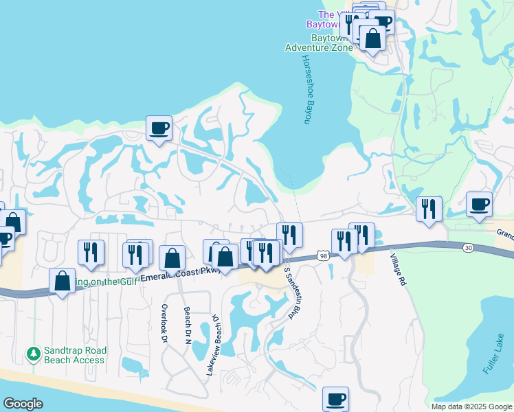 map of restaurants, bars, coffee shops, grocery stores, and more near 629 Bayou Drive in Destin