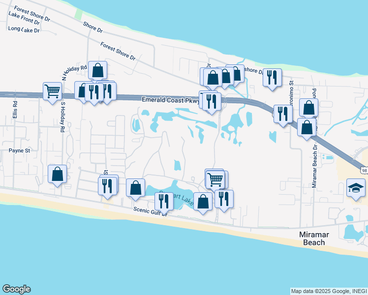 map of restaurants, bars, coffee shops, grocery stores, and more near 166 Sandpiper Bay in Miramar Beach