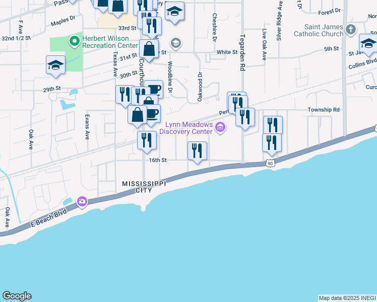 map of restaurants, bars, coffee shops, grocery stores, and more near 216 Church Avenue in Gulfport