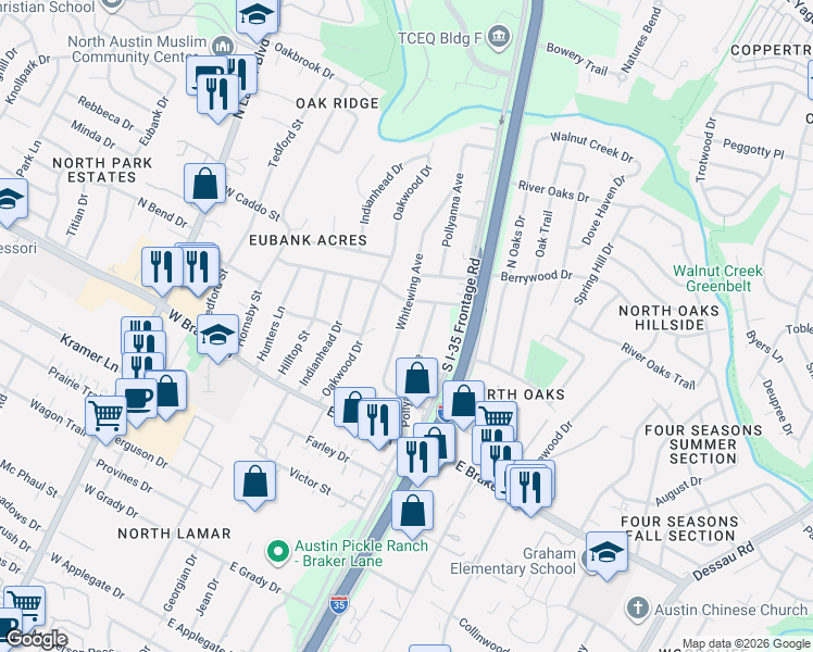 map of restaurants, bars, coffee shops, grocery stores, and more near 11505 Whitewing Avenue in Austin