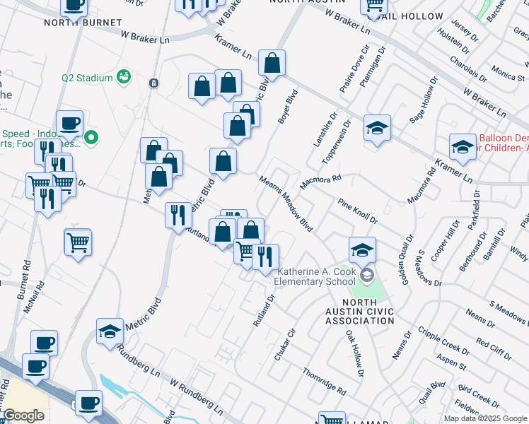 map of restaurants, bars, coffee shops, grocery stores, and more near 10304 Little Pebble Drive in Austin