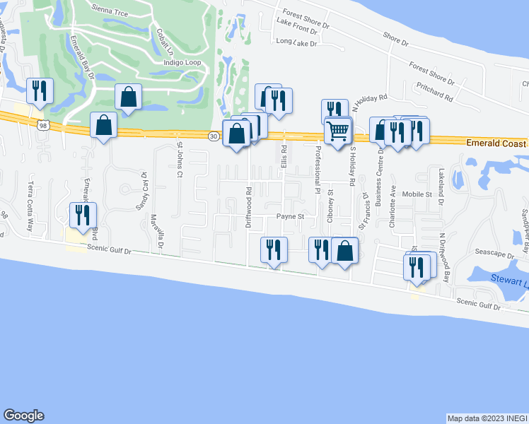 map of restaurants, bars, coffee shops, grocery stores, and more near 34 Payne Street in Miramar Beach