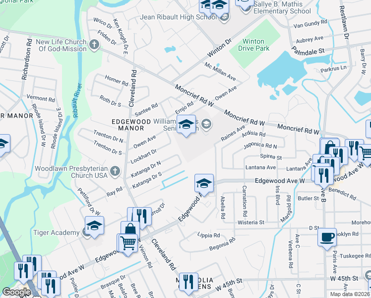 map of restaurants, bars, coffee shops, grocery stores, and more near 6221 Katanga Drive North in Jacksonville