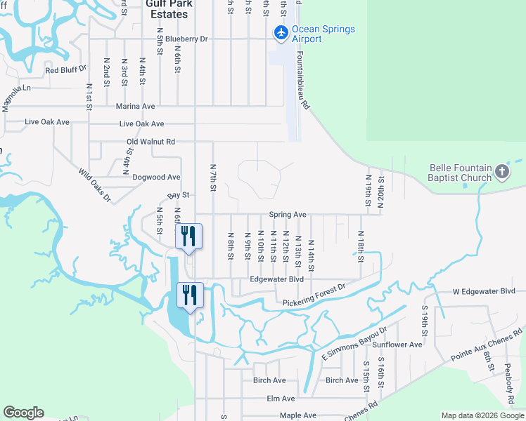 map of restaurants, bars, coffee shops, grocery stores, and more near 2708 North 10th Street in Ocean Springs
