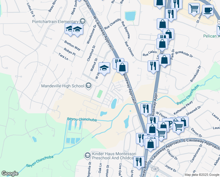 map of restaurants, bars, coffee shops, grocery stores, and more near 110 Pine Alley in Mandeville