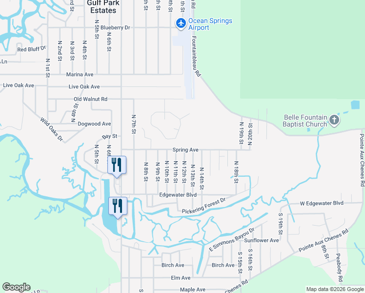 map of restaurants, bars, coffee shops, grocery stores, and more near 2717 North 13th Street in Ocean Springs