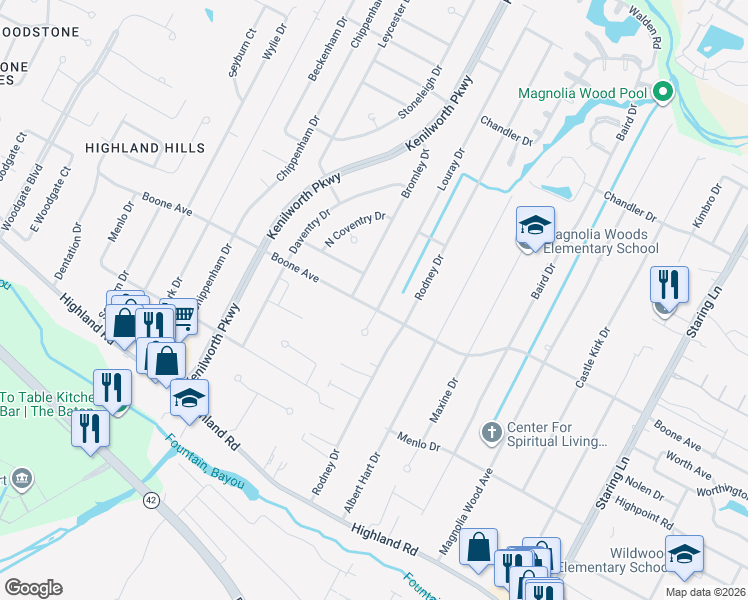 map of restaurants, bars, coffee shops, grocery stores, and more near 611 Louray Drive in Baton Rouge