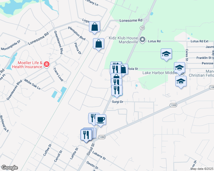 map of restaurants, bars, coffee shops, grocery stores, and more near 449 Browning Loop in Mandeville
