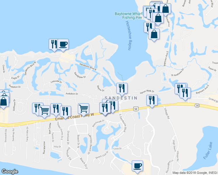 map of restaurants, bars, coffee shops, grocery stores, and more near 620 Bayou Drive in Miramar Beach
