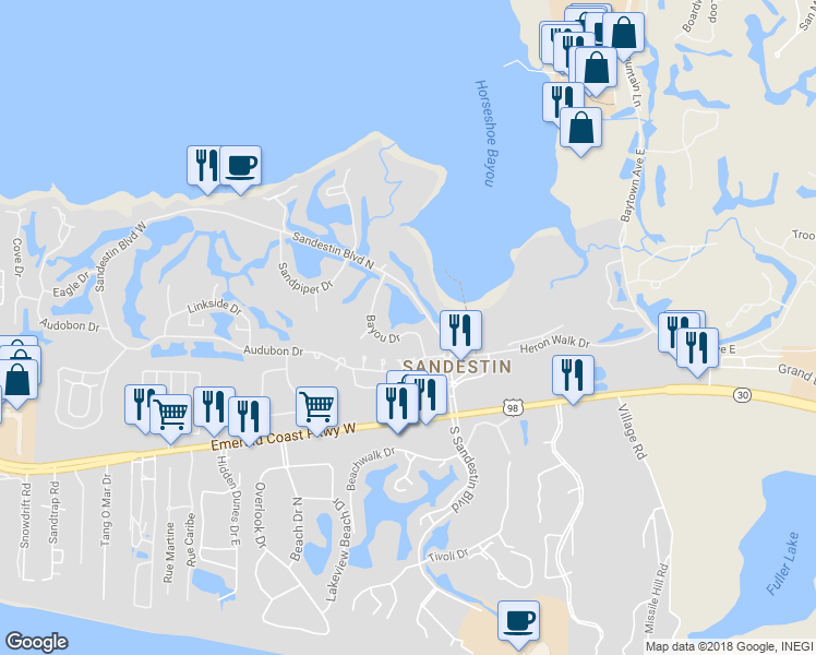 map of restaurants, bars, coffee shops, grocery stores, and more near 623 Bayou Drive in Miramar Beach