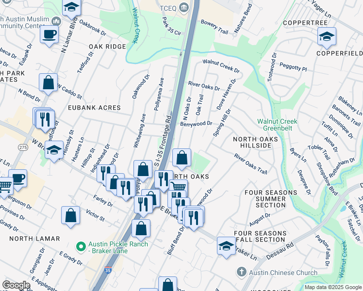 map of restaurants, bars, coffee shops, grocery stores, and more near 11510 Oak Trail in Austin