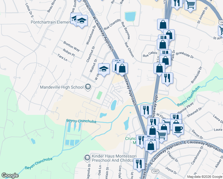 map of restaurants, bars, coffee shops, grocery stores, and more near 109 Pine Alley in Mandeville
