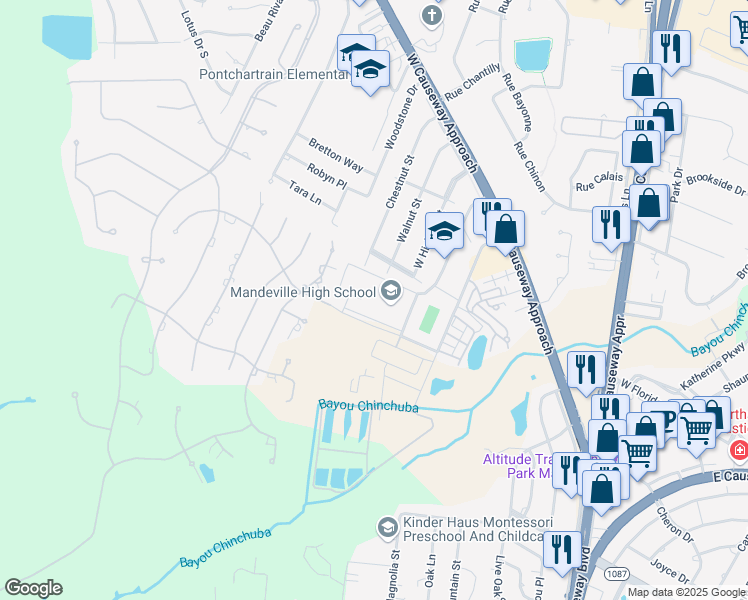 map of restaurants, bars, coffee shops, grocery stores, and more near 1 Skipper Drive in Mandeville
