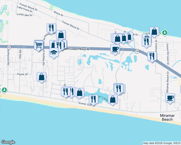 map of restaurants, bars, coffee shops, grocery stores, and more near 189 Sunset Bay in Miramar Beach